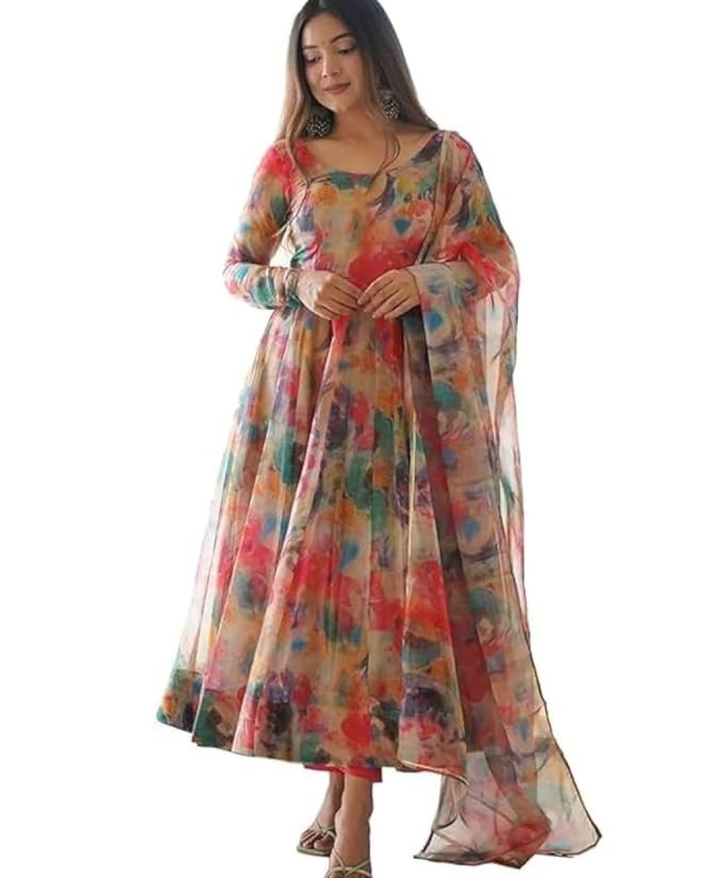 KD Georgette Women's Anarkali Floral Printed Kurta Pant Set with Dupatta