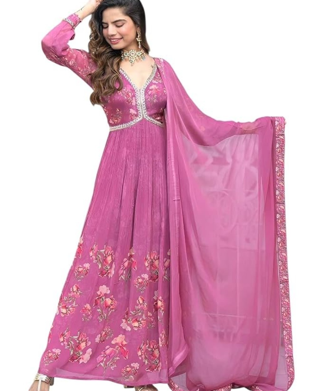 KD Georgette Women's Anarkali Floral Printed Kurta Pant Set with Dupatta