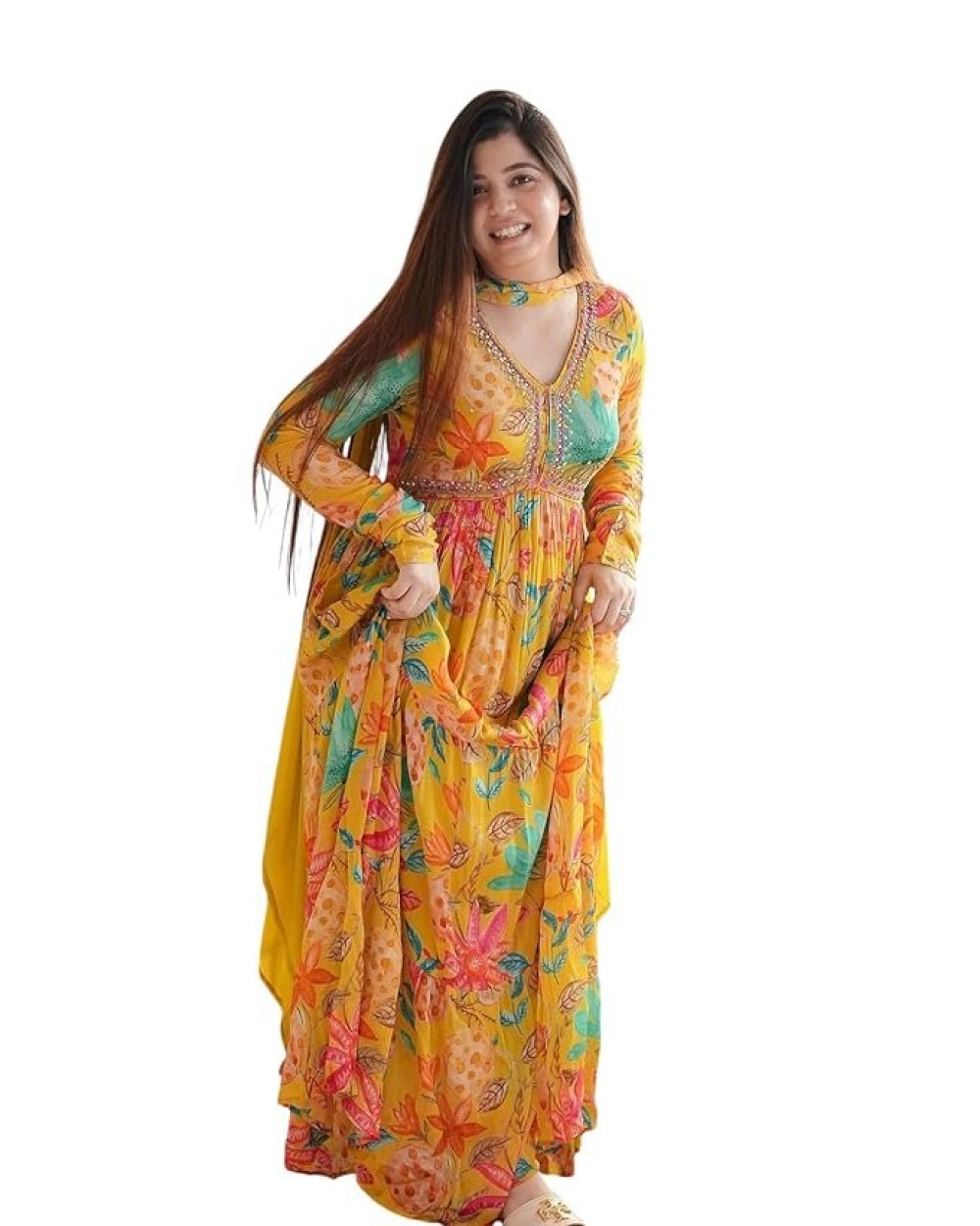 KD Georgette Women's Anarkali Floral Printed Kurta Pant Set with Dupatta