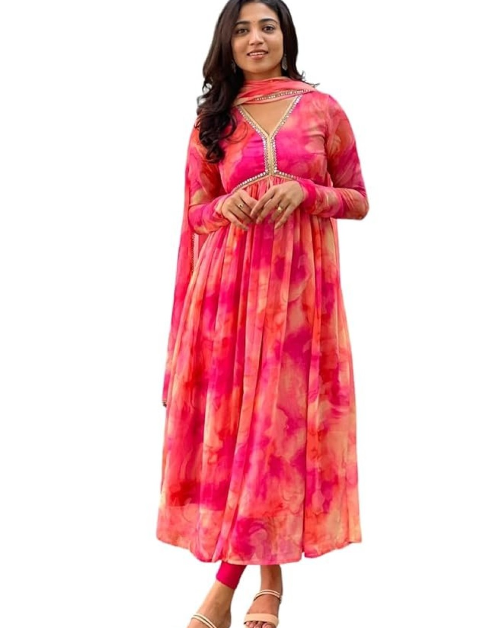 KD Georgette Women's Anarkali Floral Printed Kurta Pant Set with Dupatta