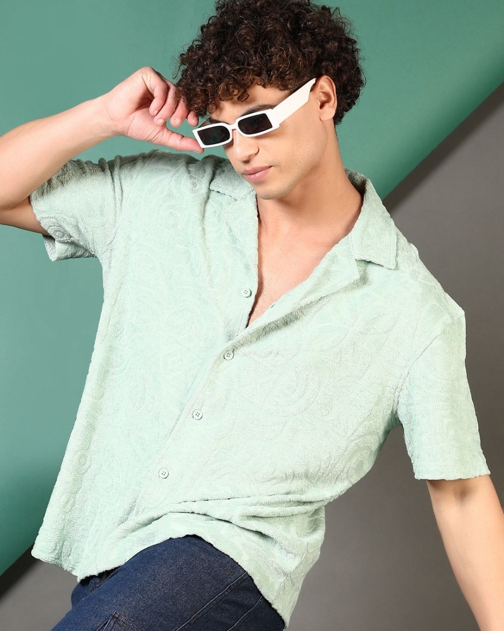 Self Design Lapel Collar Cotton Casual Shirt